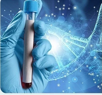 Ilustrasi DNA dengan tangan bersarung yang memegang tabung sampel darah