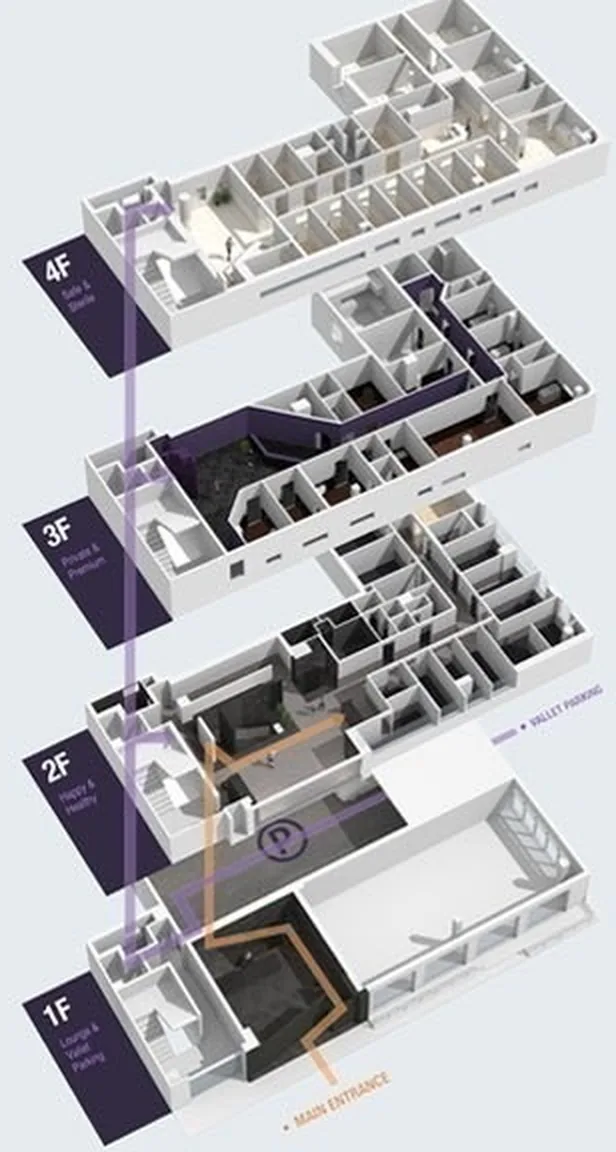 Diagram isometrik tata letak lantai 1F~4F Klinik Bedah Plastik U&U — 1F lounge·parkir valet, 2F konsultasi·bra fitting, 3F pelayanan·premium, 4F ruang operasi