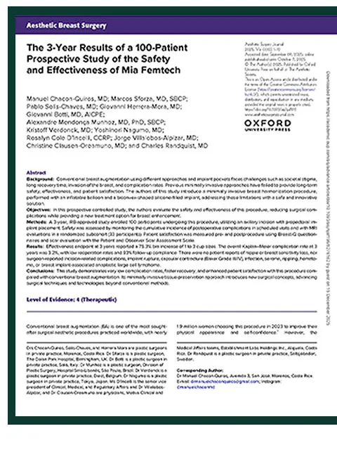Halaman 1 artikel Aesthetic Surgery Journal — The 3-Year Results of a 100-Patient Prospective Study of the Safety and Effectiveness of Mia Femtech